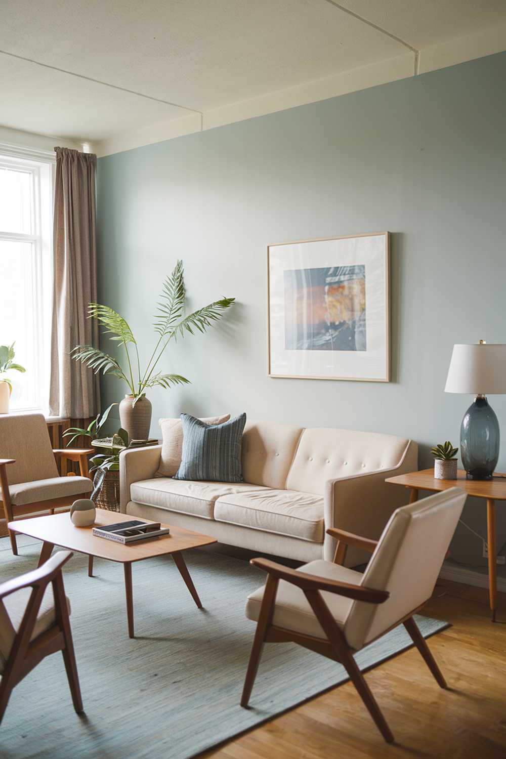 A Scandinavian modern mid-century living room decor. The room has a beige sofa, a few chairs, a coffee table, and a side table. There are also a few decorative items such as a vase, a lamp, and a plant. The walls are painted in a light blue hue.