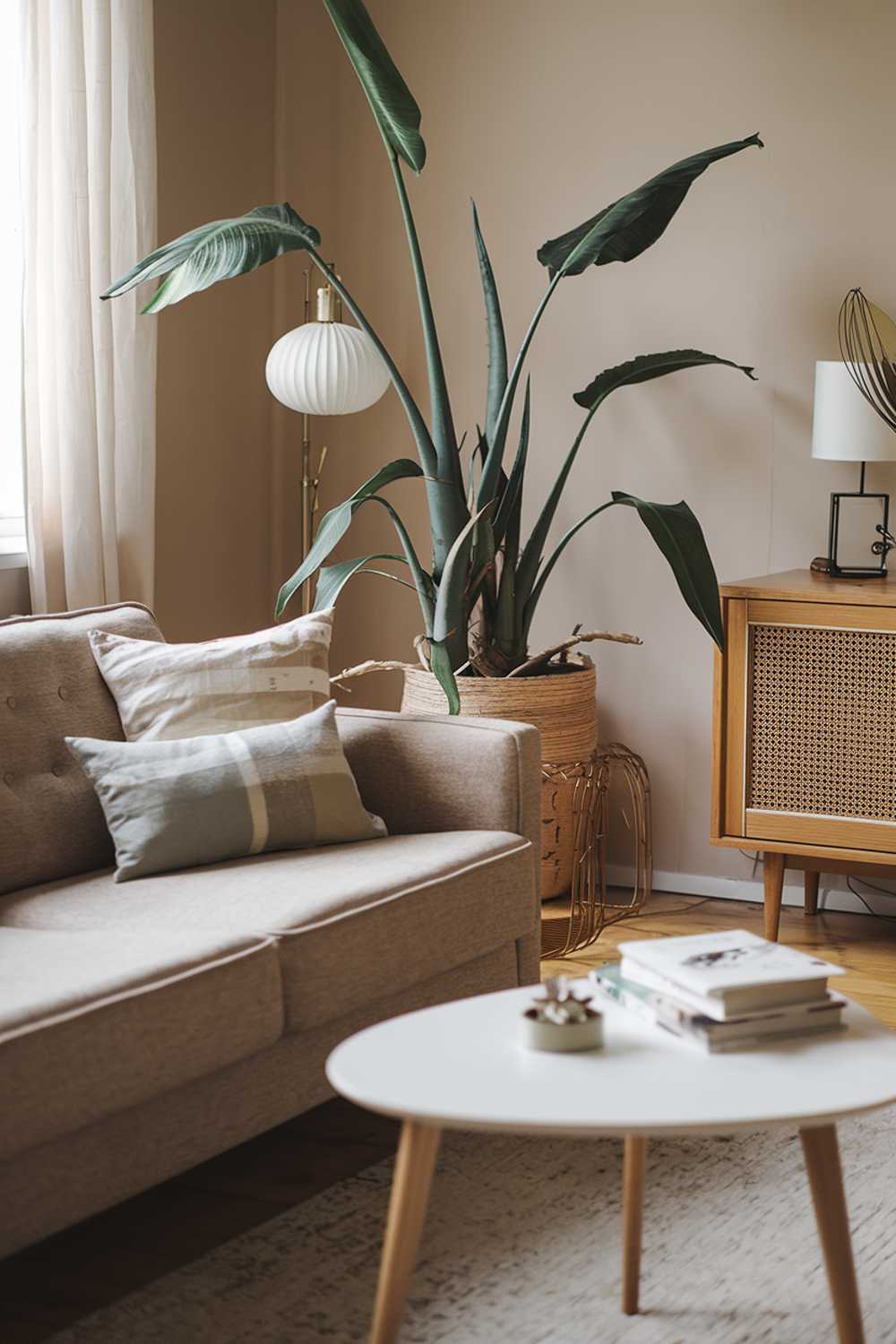 A Scandinavian mid-century living room decor. There is a beige sofa with a few pillows. Next to the sofa, there is a white coffee table with a few items. In the background, there is a large plant, a lamp, and a few decorative items. The room has a wooden floor and the walls are painted beige.