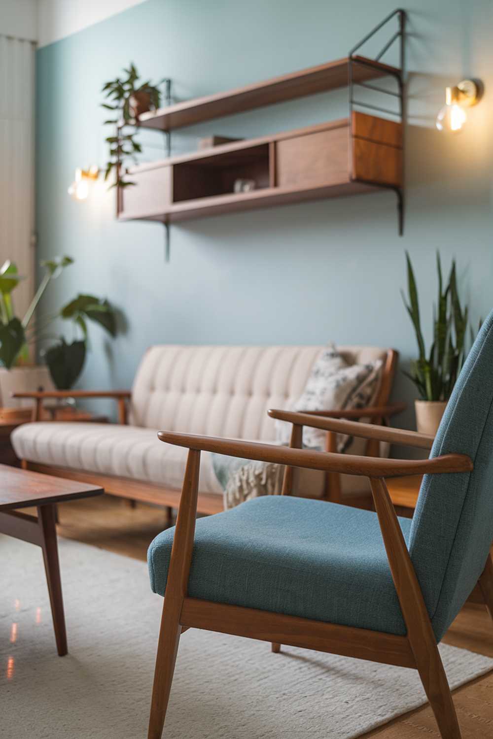  A Scandinavian mid-century living room decor. There is a beige sofa with wooden legs and a blue chair with a curved back. The room has a wooden coffee table and a wall mounted wooden shelf. The walls are painted in a soft blue hue. There are potted plants and a throw pillow on the sofa. The floor is covered with a white rug. The lighting is warm and inviting