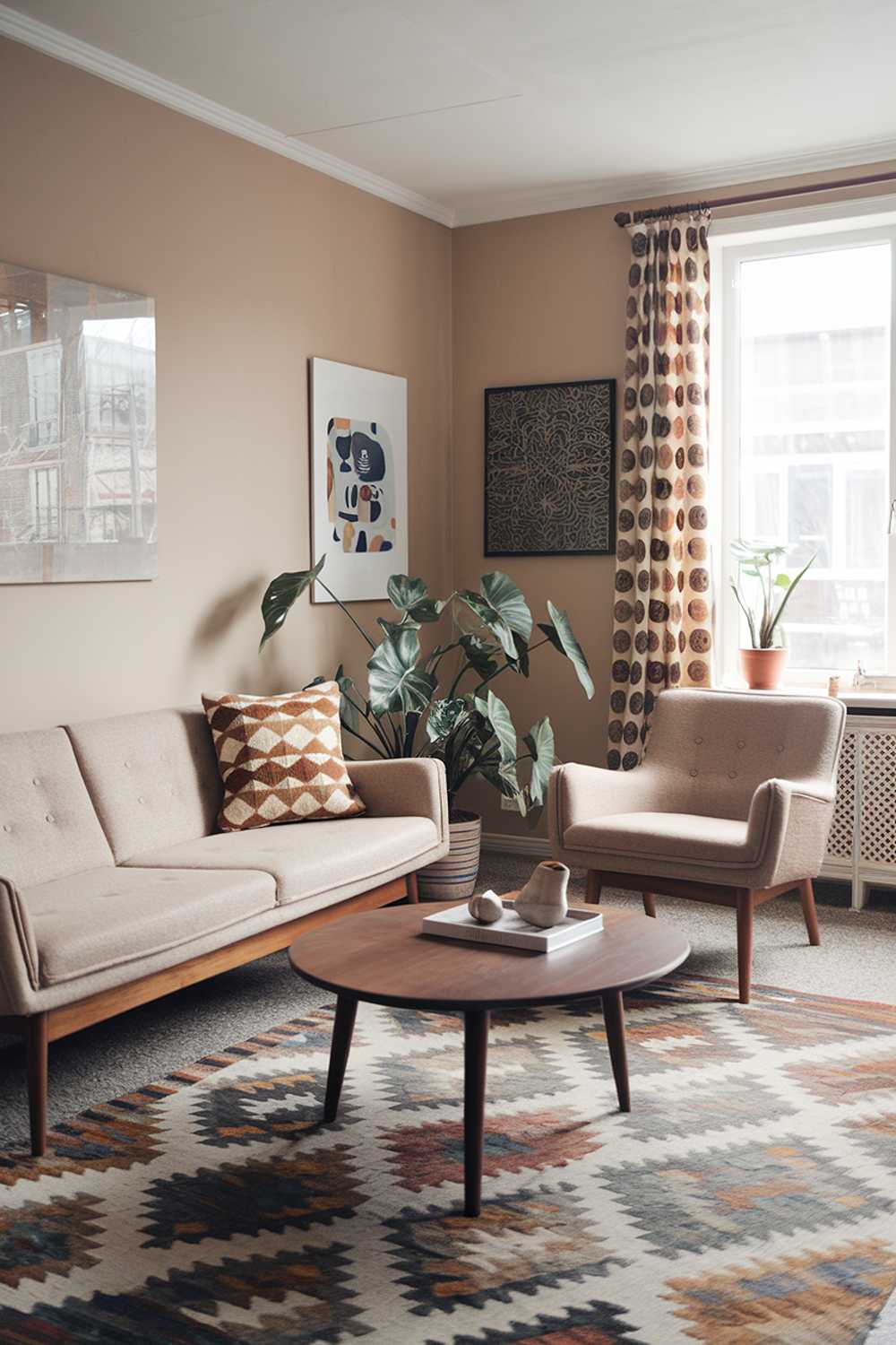 A mid-century Scandinavian living room with a cozy atmosphere. There's a beige sofa with wooden legs and a patterned throw pillow. A matching armchair is placed near the window. A round wooden coffee table sits in the middle of the room. A patterned rug covers the floor. A potted plant adds a touch of greenery. The walls are painted beige and have a few pieces of artwork.