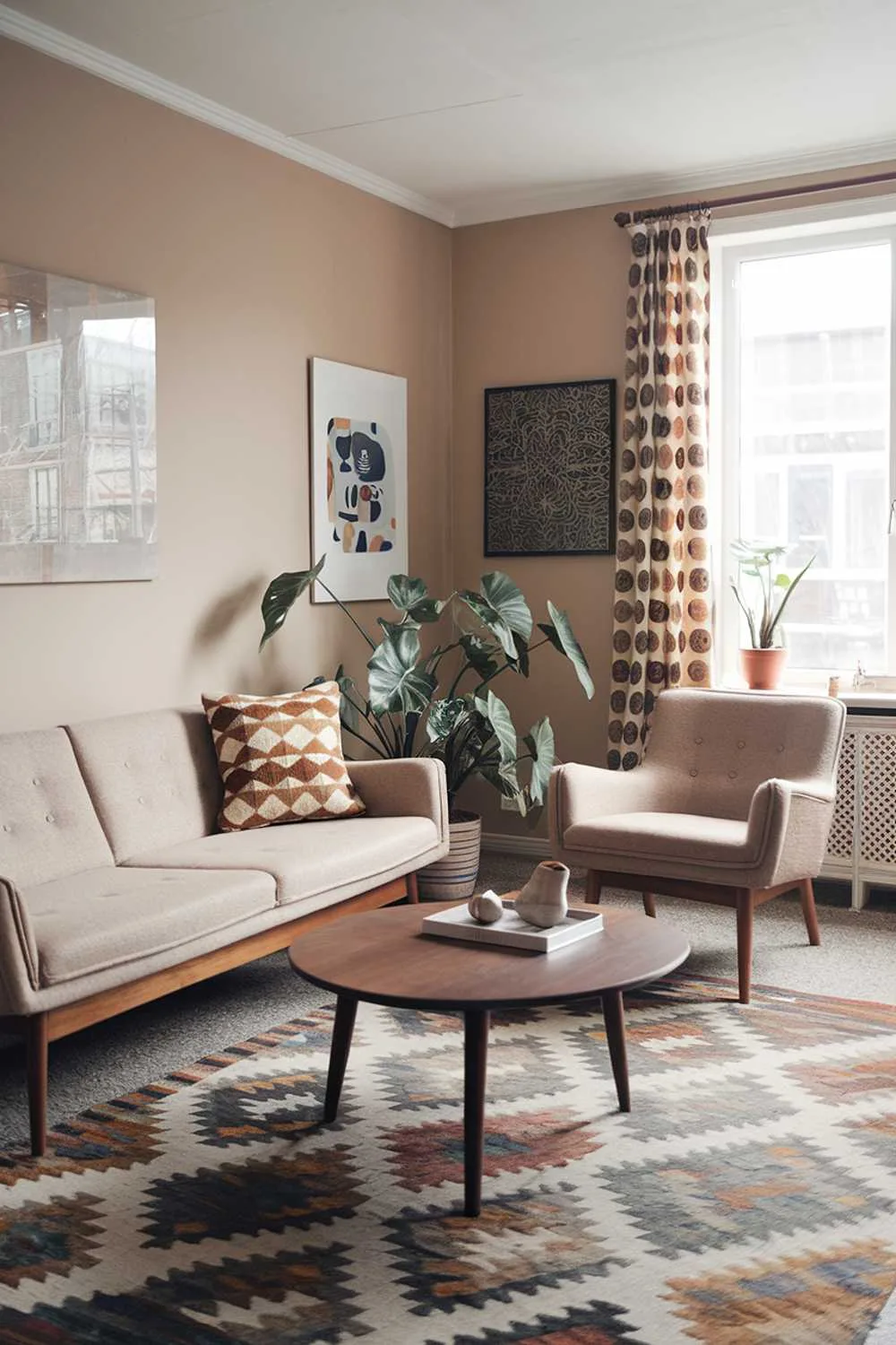 23 Scandinavian Mid-Century Living Room Decor Ideas 21 A mid-century Scandinavian living room with a cozy atmosphere. There's a beige sofa with wooden legs and a patterned throw pillow. A matching armchair is placed near the window. A round wooden coffee table sits in the middle of the room. A patterned rug covers the floor. A potted plant adds a touch of greenery. The walls are painted beige and have a few pieces of artwork.