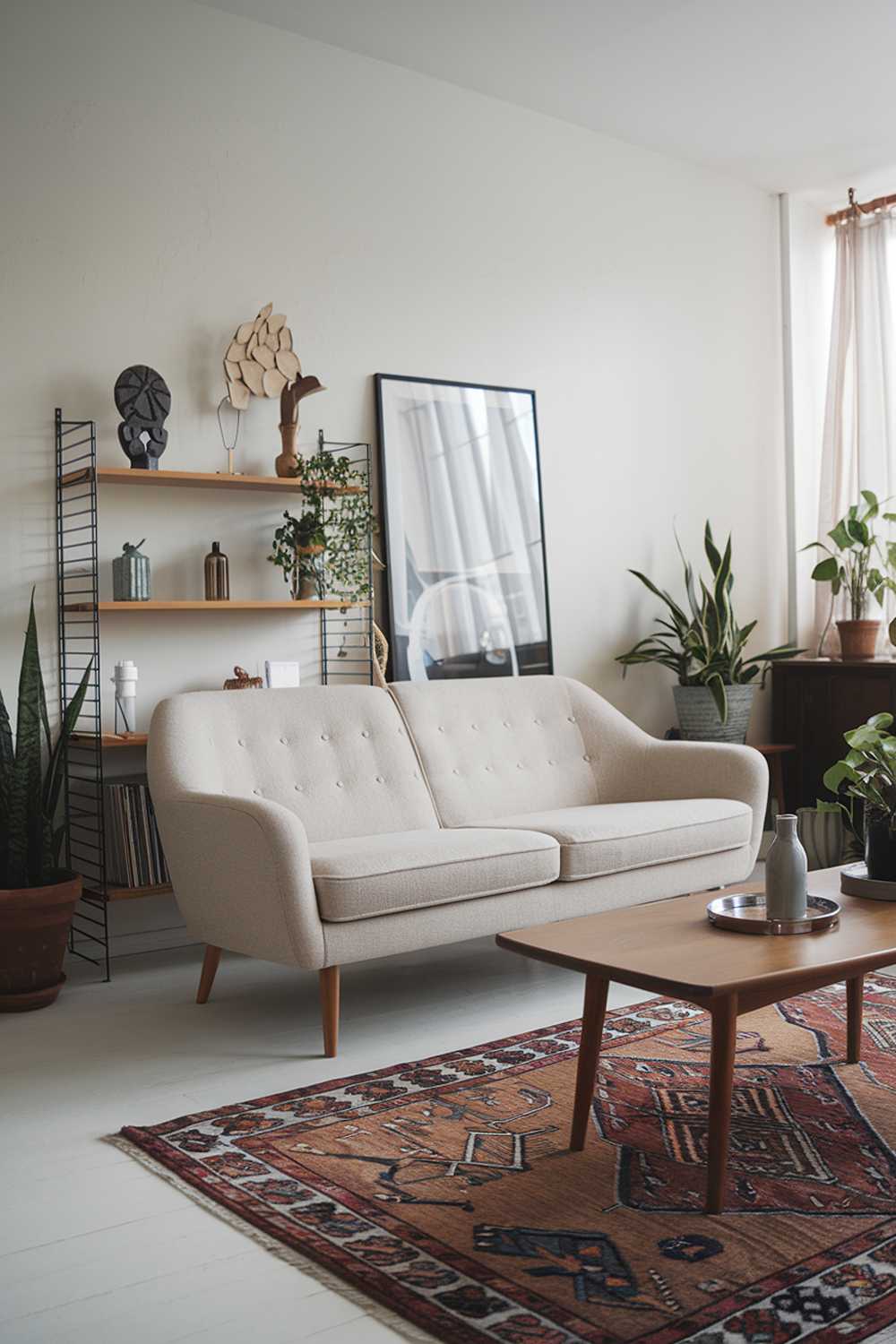 A mid-century Scandinavian living room decor. There is a beige sofa with wooden legs and a patterned rug on the floor. There are also a few decorative items on a shelf behind the sofa. The room has a wooden coffee table and a few plants. The walls are painted white.