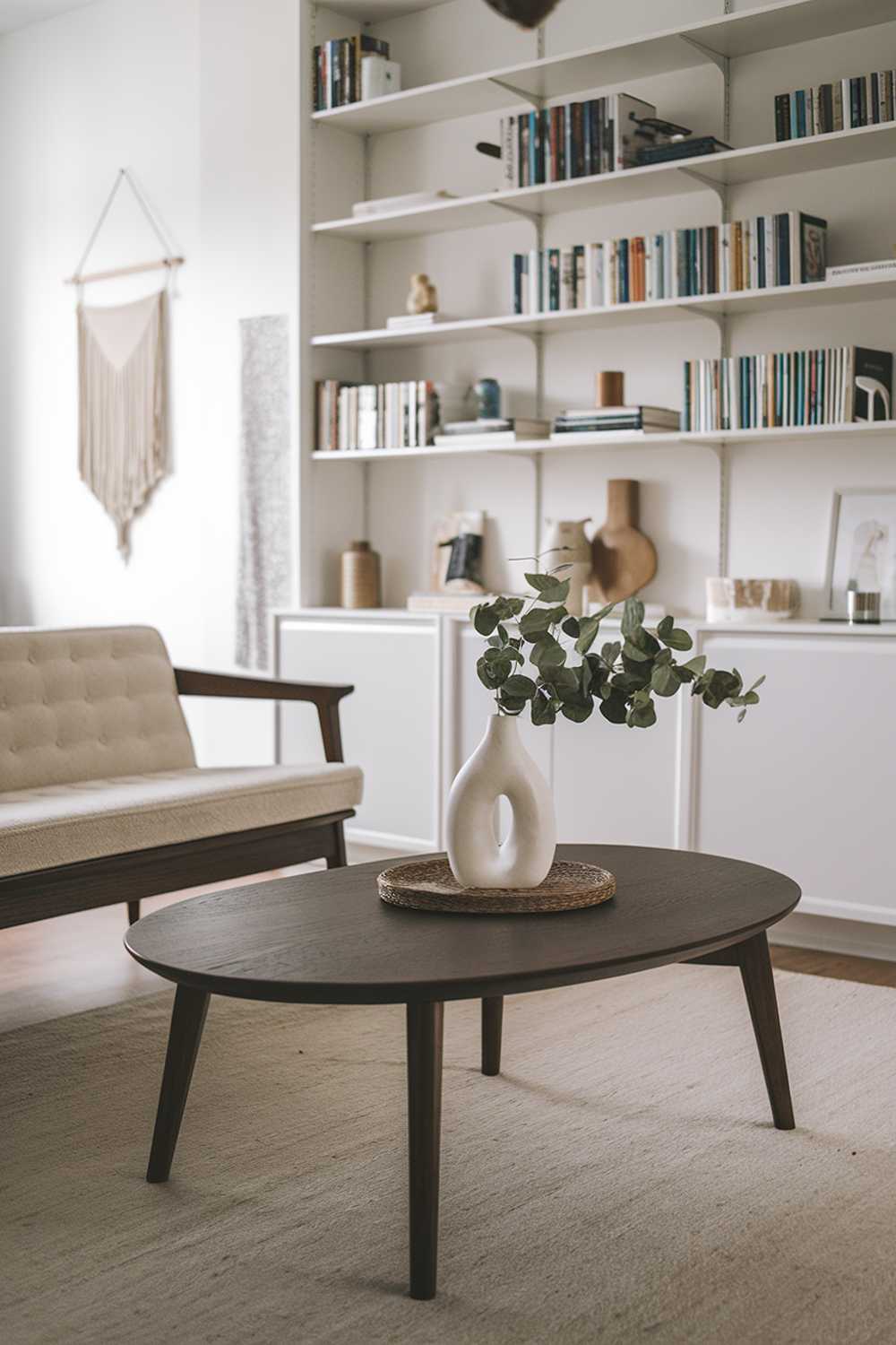 A mid-century Scandinavian living room decor. The focal point is a dark wooden coffee table with a white vase and a few greenery on top. To the side, there's a beige sofa with a wooden frame. In the background, there's a white bookshelf filled with books and a few decorative items. The floor is covered with a beige rug. The walls have a few hanging items. The overall room has soft lighting.