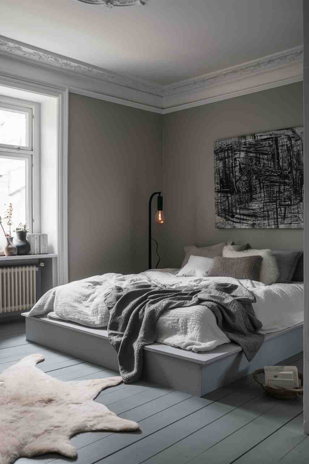 A Scandinavian minimalist bedroom exuding warmth and coziness with a carefully curated monochrome color scheme. The walls are painted a soft dove gray, complemented by crisp white trim that adds a subtle yet elegant contrast. The low platform bed, the centerpiece of the room, is dressed in plush layers of white and various shades of gray linens, with a textured wool throw and multiple soft pillows adding to the inviting ambiance. A black metal floor lamp with a warm, soft-glow bulb stands gracefully in one corner, casting a gentle light that enhances the room's cozy atmosphere. Above the bed, a large, abstract black-and-white painting adds an artistic touch, drawing the eye with its intricate patterns. The light gray wood floor is adorned with a plush white sheepskin rug, offering a soft, tactile contrast to the clean lines of the furniture, while a few minimalist potted plants bring a touch of natural warmth, completing the serene and visually appealing space.