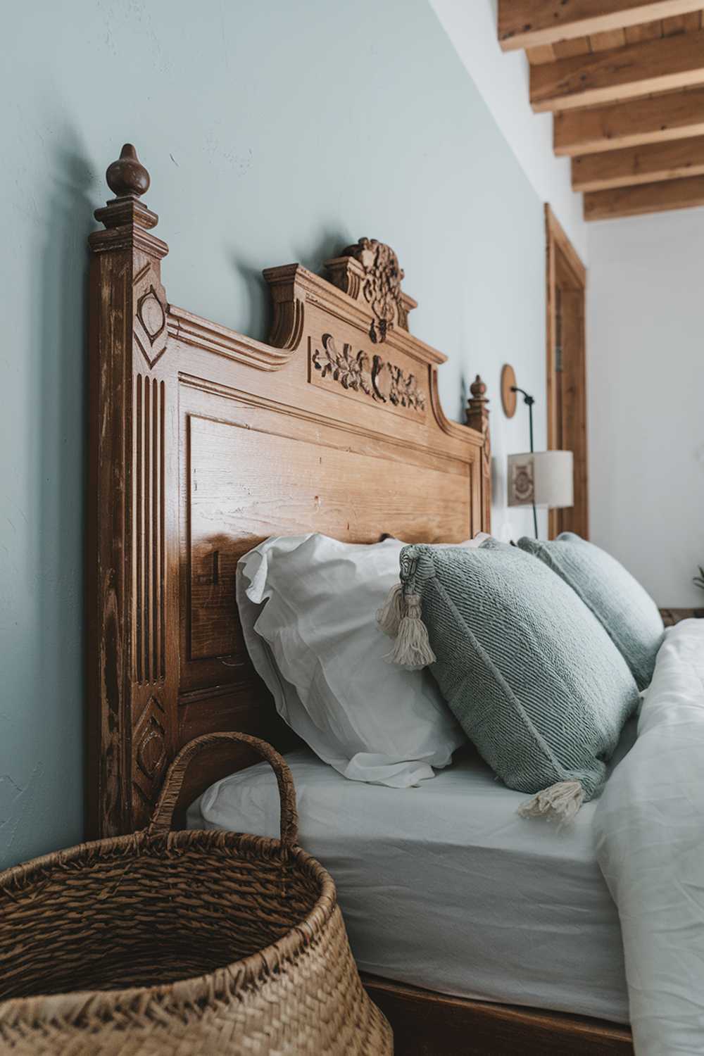 A Scandinavian rustic bedroom decor. There's a wooden headboard with intricate carvings. The wall is painted in a light blue hue. There's a woven basket on the floor. The room has wooden beams on the ceiling.