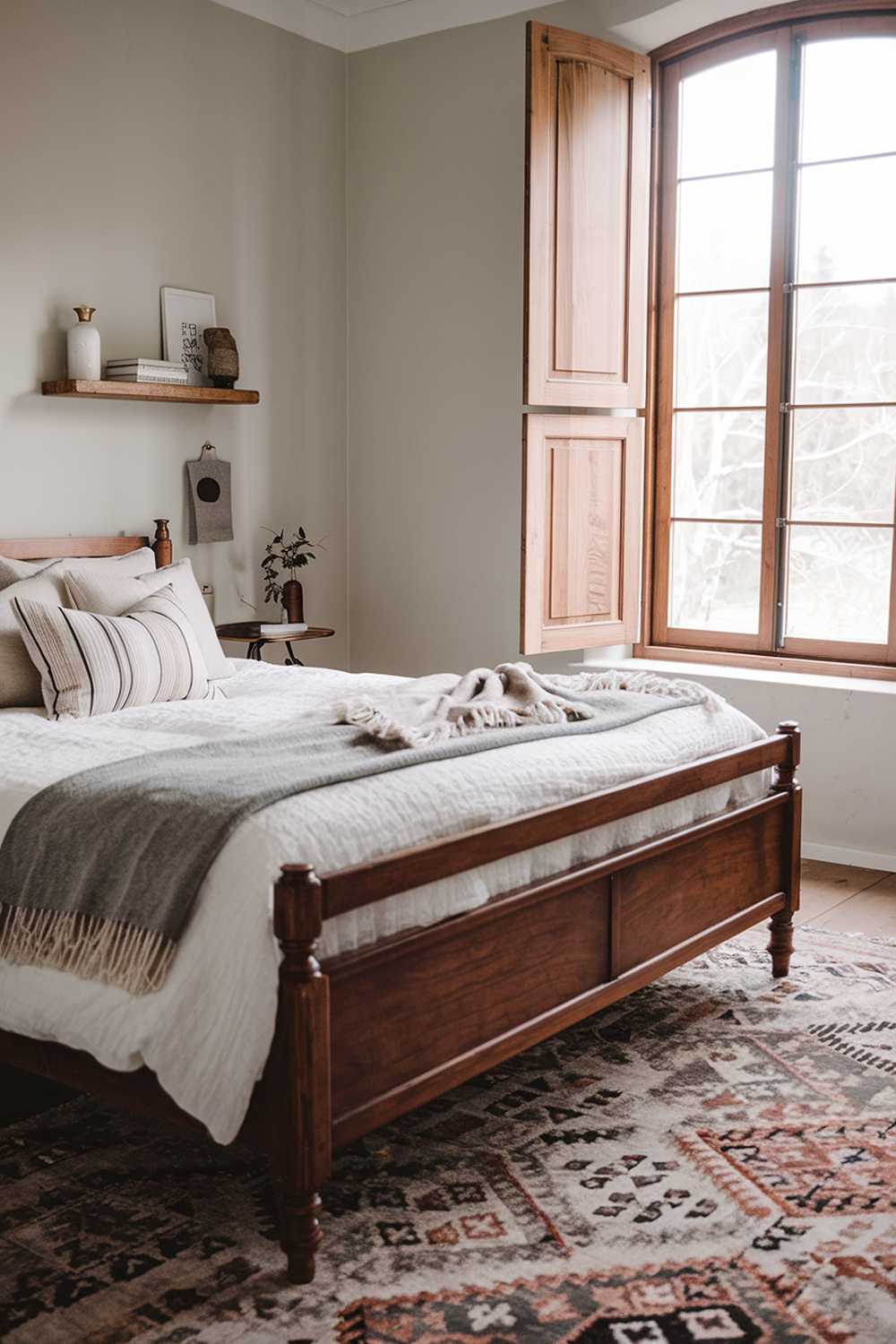 A rustic Scandinavian bedroom decor. There's a large wooden bed with white bedding, a gray throw blanket, and a few pillows. On the wall above the bed, there's a small wooden shelf with a few decorative items. The floor is covered with a patterned rug. The room has a large window with wooden shutters. The walls are painted in a light gray color.