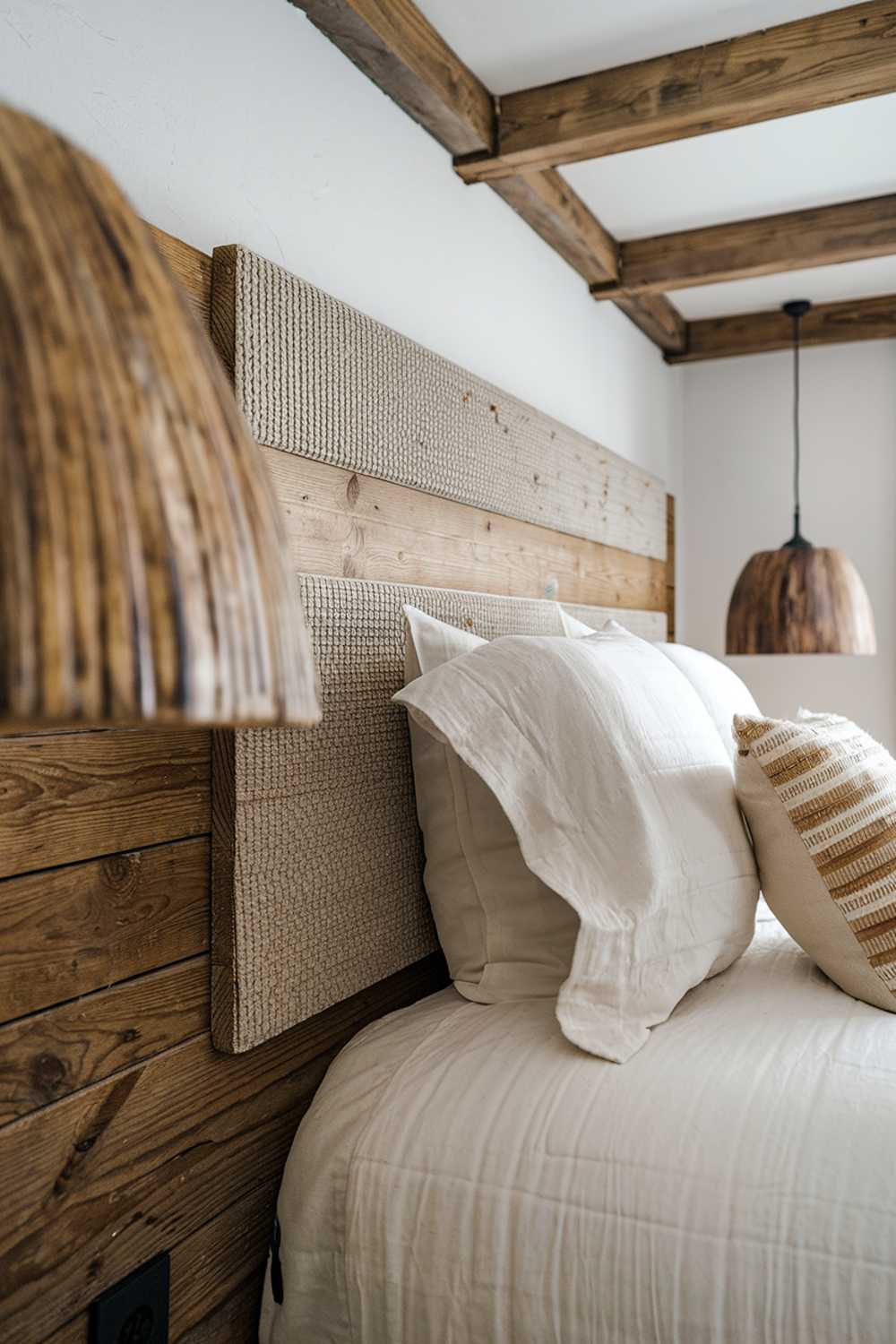 A Scandinavian rustic bedroom decor. There's a wooden headboard with a textured pattern. There's a white duvet cover and a few pillows. There's a wooden lampshade with a textured pattern. There are wooden beams on the ceiling.