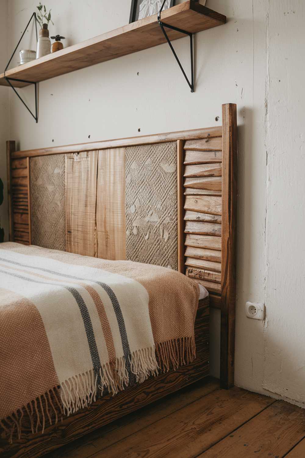 A Scandinavian rustic bedroom decor. There is a wooden headboard with a textured pattern, and a beige blanket with white and gray stripes. There is a wooden shelf above the headboard, holding a few items. The wall has a few nails. The floor is made of wooden planks.