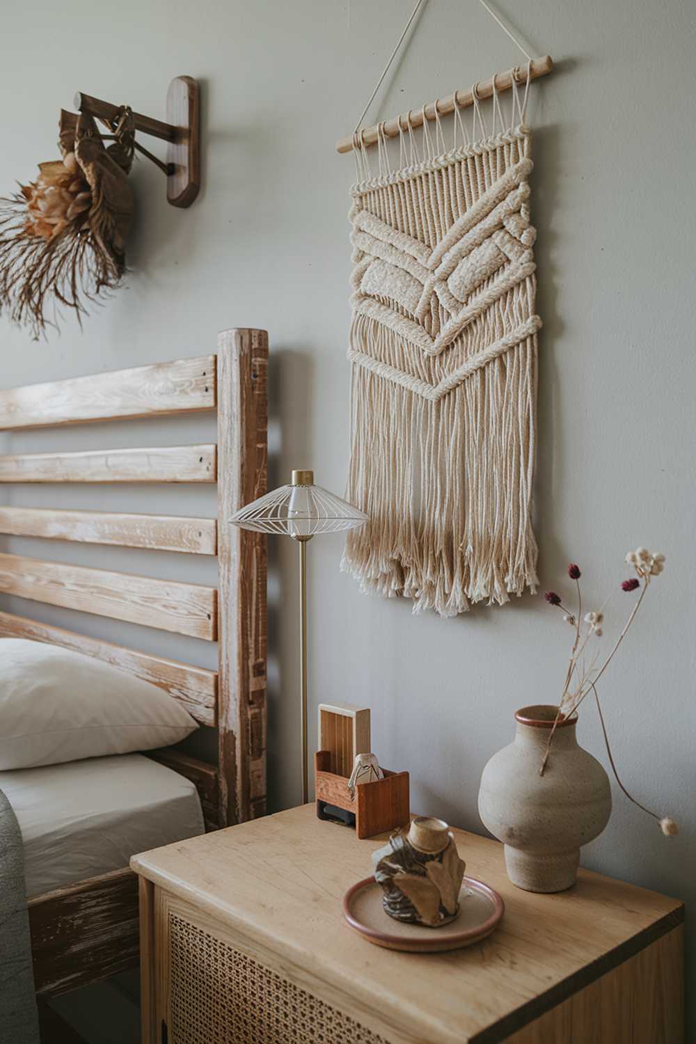 A Scandinavian rustic bedroom decor. There's a wooden headboard with a distressed finish, a woven wall hanging, and a ceramic lamp. There are also a few decorative items, including a small wooden box, a ceramic vase, and a few dried flowers. The room has a wooden floor and the walls are painted in a light gray color.