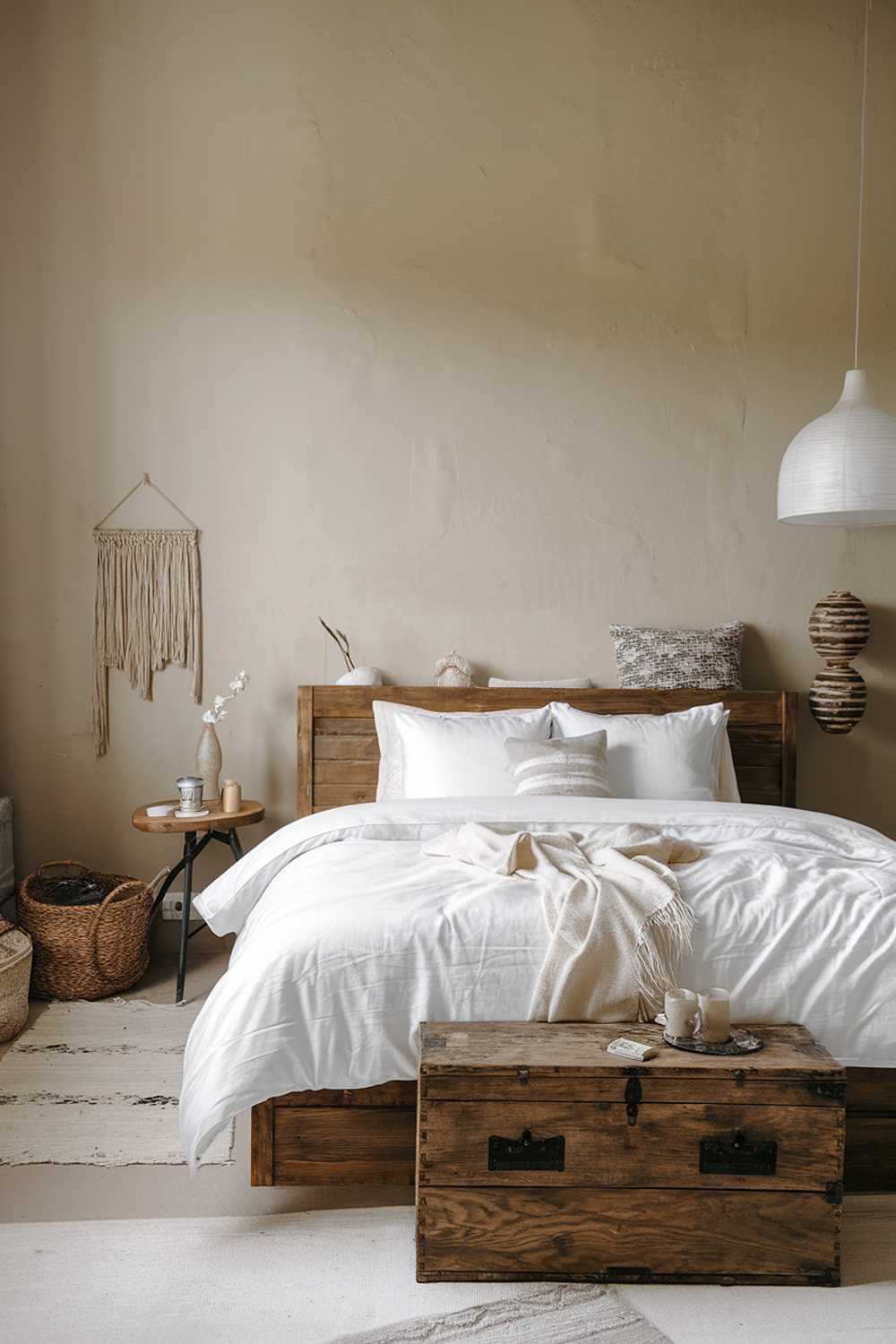 A Scandinavian rustic bedroom decor. There's a wooden bed with a white duvet and pillows. On the floor, there's a wooden chest of drawers. The walls are painted beige. There's a white lampshade near the bed.