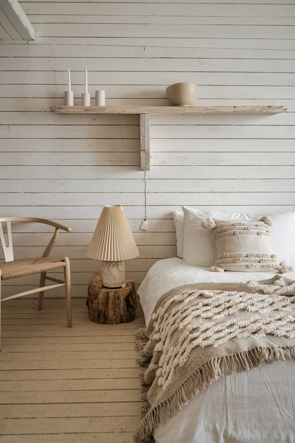 A Scandinavian rustic bedroom decor. There's a beige blanket with a woven pattern over a white pillow and a beige wooden lamp beside it. There's a beige wooden chair in the background. The wall has a white wooden shelf with a beige bowl and a few white candles. The floor is made of beige wooden planks.