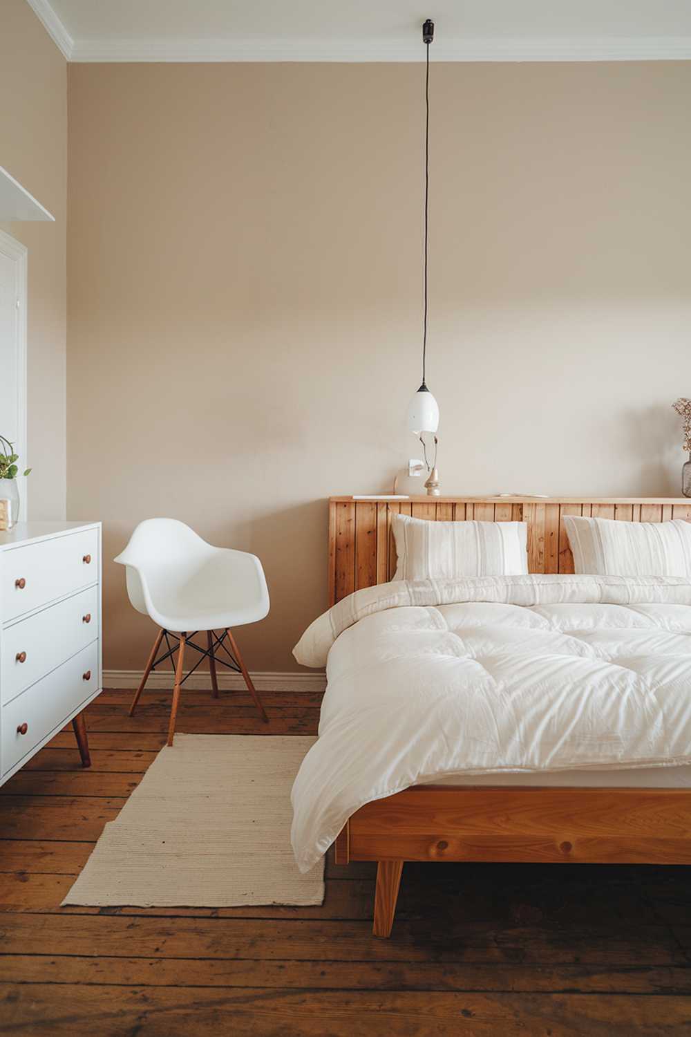 A Scandinavian rustic bedroom decor. There's a wooden bed with a white duvet and two pillows. Next to the bed, there's a white dresser with wooden legs. The floor is made of wooden planks. There's a white chair in the corner. The walls are painted in a soft beige color. There's a hanging lamp above the bed.