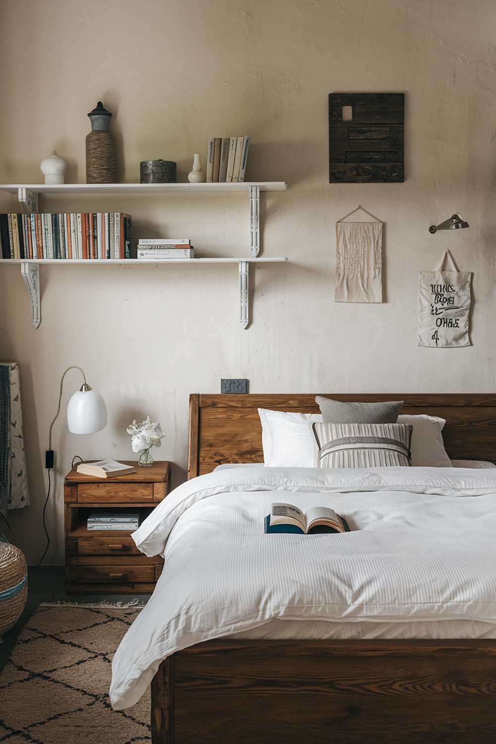 A Scandinavian rustic bedroom. There's a wooden bed with a white duvet and a few pillows. There's a wooden nightstand next to the bed with a lamp and a book. The walls are painted beige and have a few shelves with books and decorative items. The floor is covered with a rug.