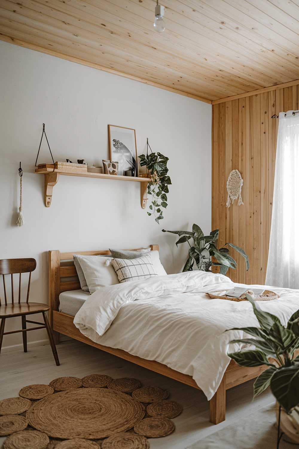 A Scandinavian rustic bedroom decor. The room has a wooden ceiling and walls. There is a wooden bed with a white duvet and a few pillows. On the wall above the bed, there is a wooden shelf with a few items. There is a wooden chair next to the bed. On the floor, there is a woven rug. The room has a few potted plants.