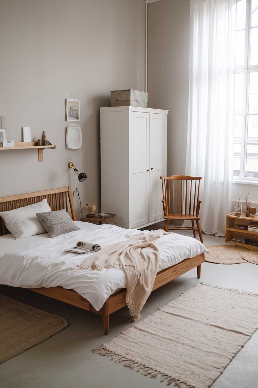 A Scandinavian rustic bedroom decor with a wooden bed frame, a white duvet cover, and a few pillows. There is a wooden chair in the corner, and a white wardrobe against the wall. The floor is covered with a soft rug. The walls are painted in a light gray hue. There are some decorative items, such as a wooden shelf with a few items and a wall-mounted lamp. The room has a large window with white curtains.