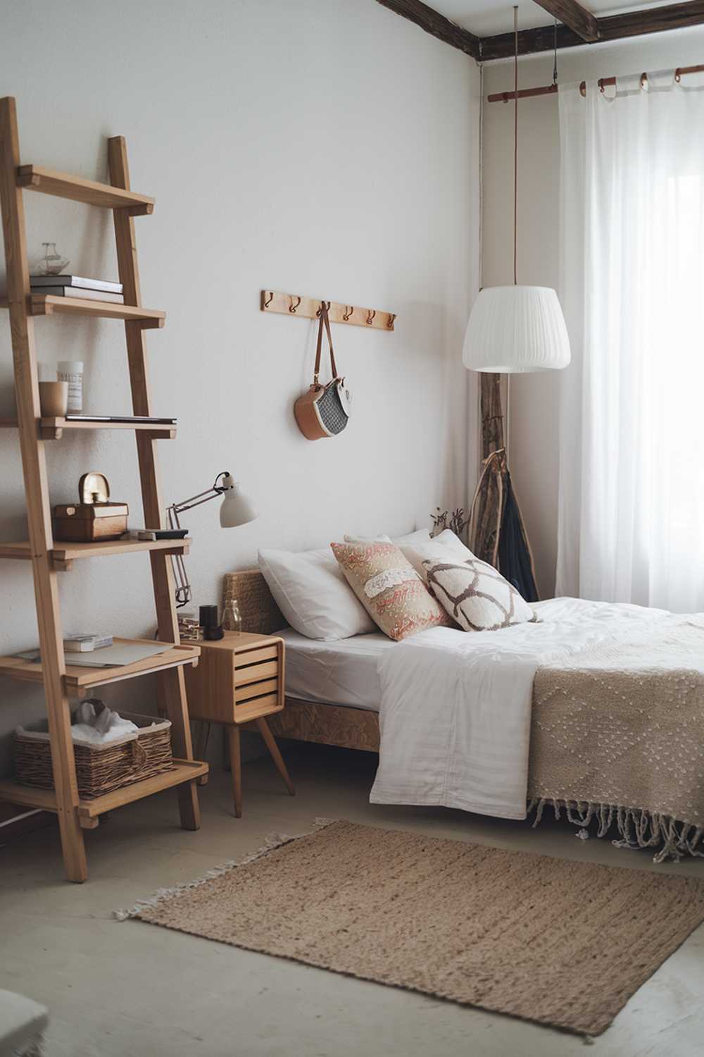 A Scandinavian rustic bedroom decor with a queen bed, a wooden bedside table, a white lampshade, a beige rug, and white curtain. There is a wooden ladder against the wall, which has shelves for storage. The wall has a few hooks for hanging items. The floor has a beige rug.