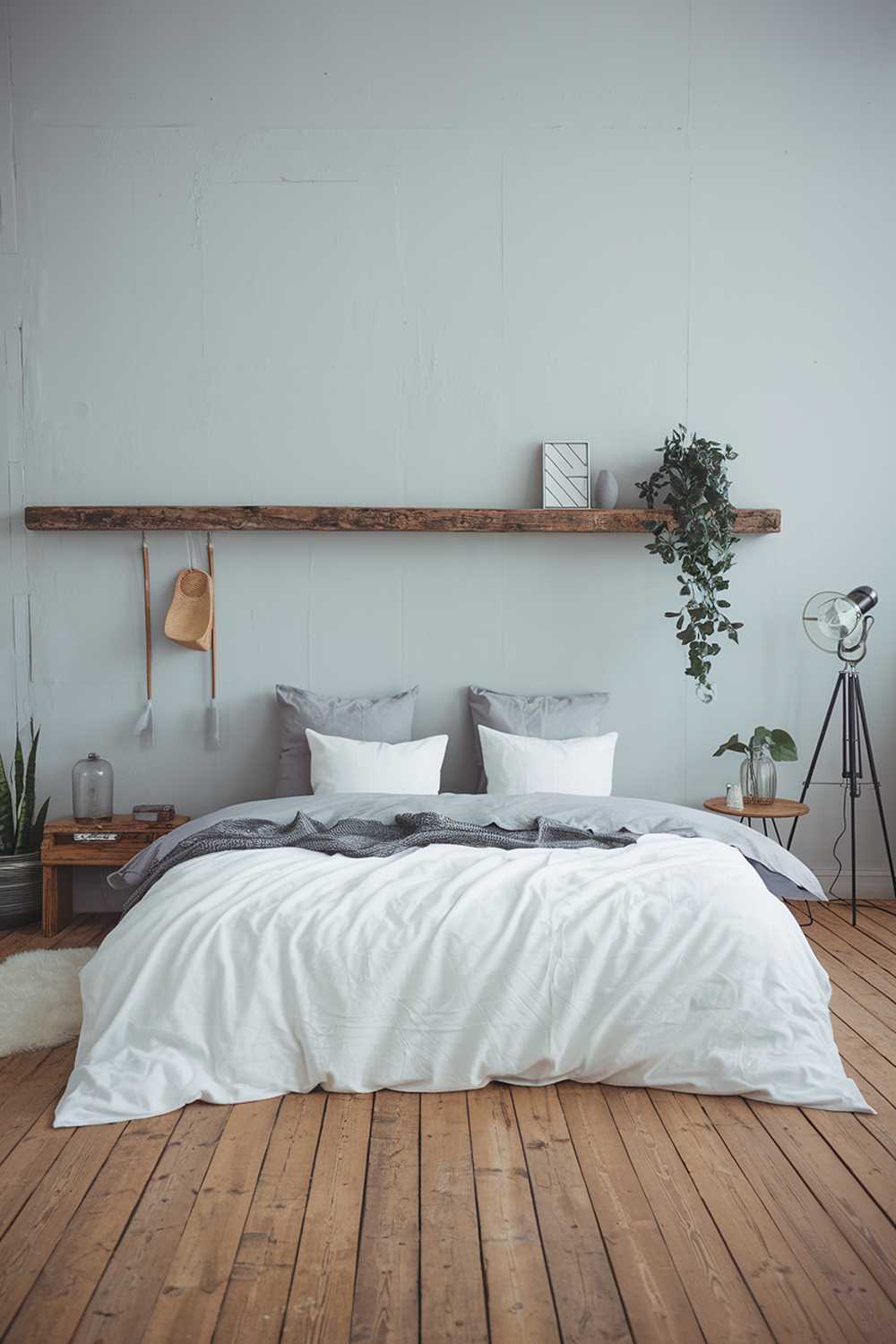 A Scandinavian rustic bedroom decor. The room has a wooden floor and features a large bed with a white duvet and gray pillows. There's a wooden shelf above the bed and a few decorative items on it. The walls are painted in a light gray color. There's a floor lamp near the bed and a small table with a green plant beside the lamp.