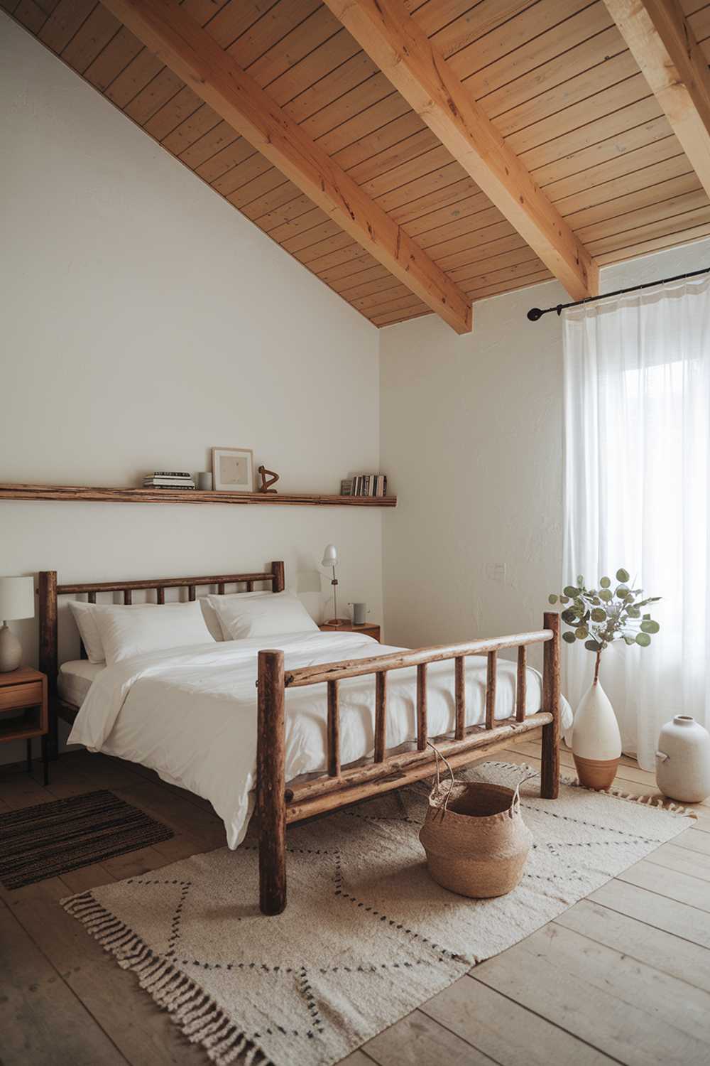 A Scandinavian rustic bedroom with a wooden ceiling, white walls, and a rustic wooden bed frame. The bed is made with white linens. There is a beige area rug under the bed. The room has a wooden nightstand on one side of the bed. There's a white lampshade on the nightstand. The room has a small wooden shelf above the bed. The floor has a few items, including a beige basket and a white vase with a green plant. The room has a window with white curtains.