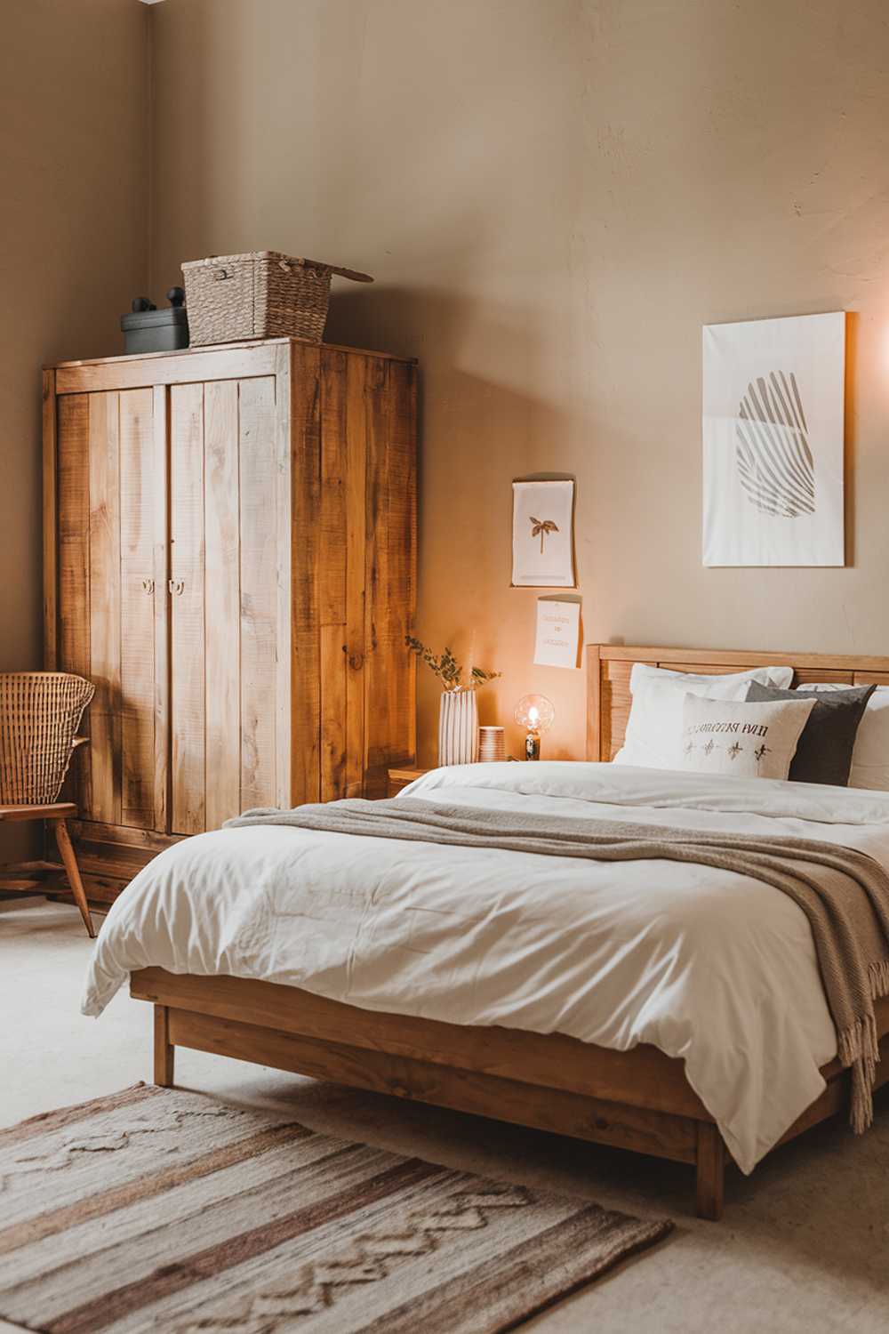 A Scandinavian rustic bedroom decor with a wooden bed frame, a white duvet cover, and a few pillows. There's a wooden wardrobe and a chair near the bed. The walls are painted beige. There's a rug on the floor. The lighting is warm.