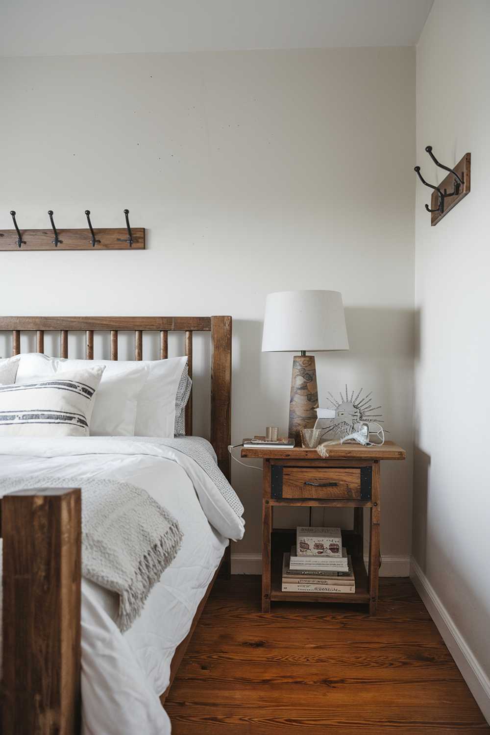 A Scandinavian rustic bedroom decor with a wooden bed frame, a white duvet, and a few pillows. There is a wooden nightstand next to the bed with a lamp and a decorative item. The walls are painted white, and there are a few hooks on the wall. The floor is made of hardwood.