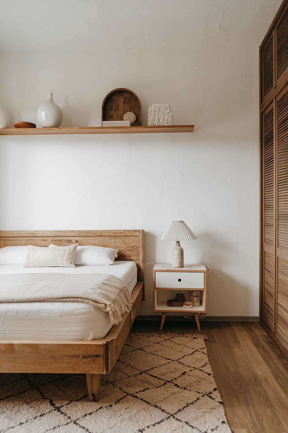 A Scandinavian rustic bedroom decor. The room has a wooden floor and a white wall. There is a wooden bed with a white mattress and a beige blanket. The bed has a wooden frame and is placed on a beige rug. The room also contains a white nightstand with a lamp and a wooden shelf above the bed. The shelf has a few decorative items, including a white vase and a wooden box. The room has a warm and cozy ambiance.