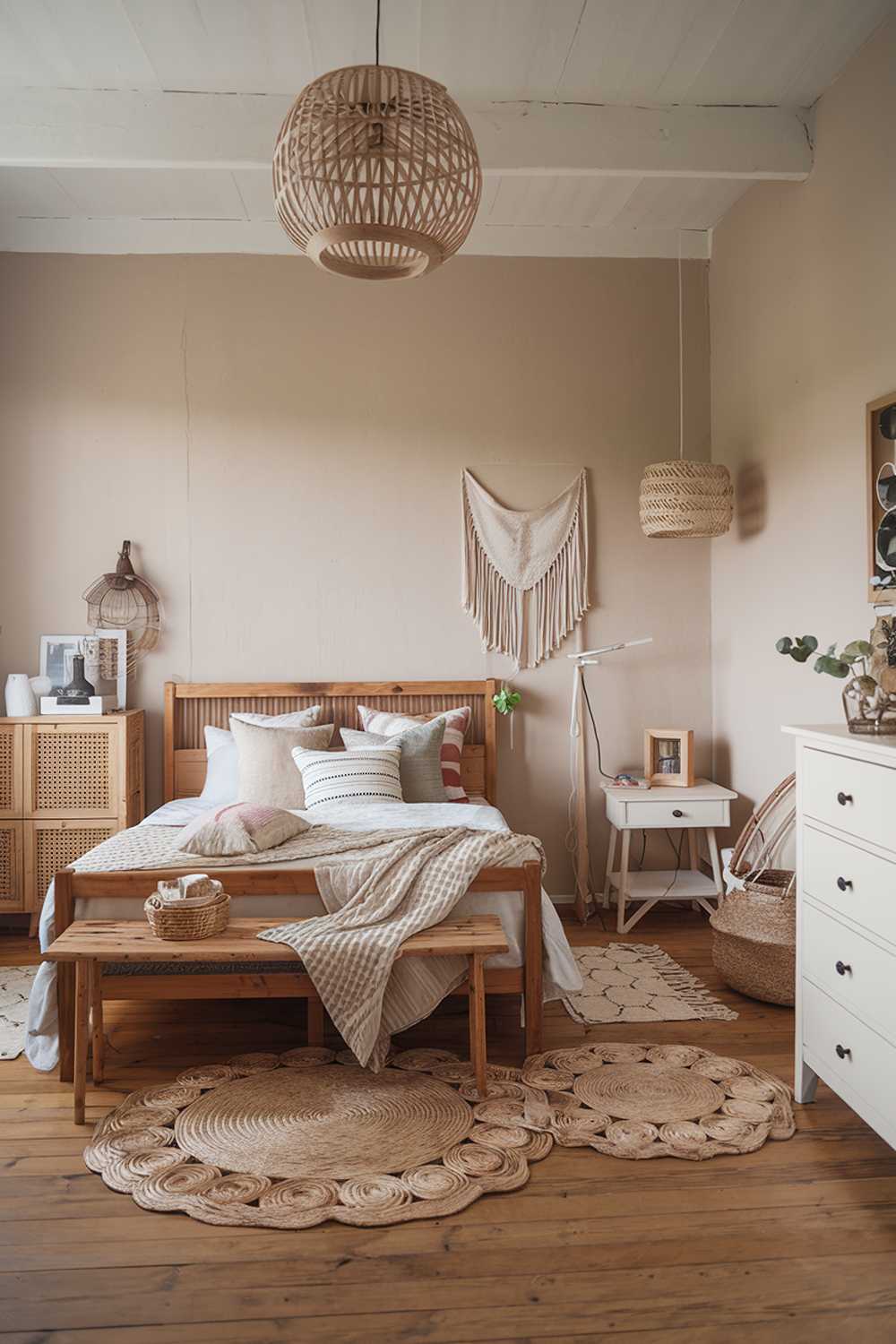 A Scandinavian rustic bedroom decor. The room has a wooden floor and is furnished with a wooden bed, a white dresser, and a white nightstand. There's a woven rug near the bed. The walls are painted beige. The room has a few decorative items, including a wooden lantern, a basket, and a few pillows. The lighting is soft.