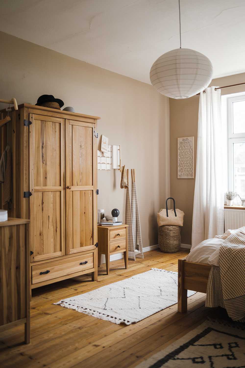 A Scandinavian rustic bedroom decor. The room has a wooden floor and wooden furniture, including a bed, a wardrobe, and a nightstand. There is a white rug near the bed. The walls are painted beige. The room contains a white lampshade, a black hat, and a beige bag. The room has a window with white curtains.