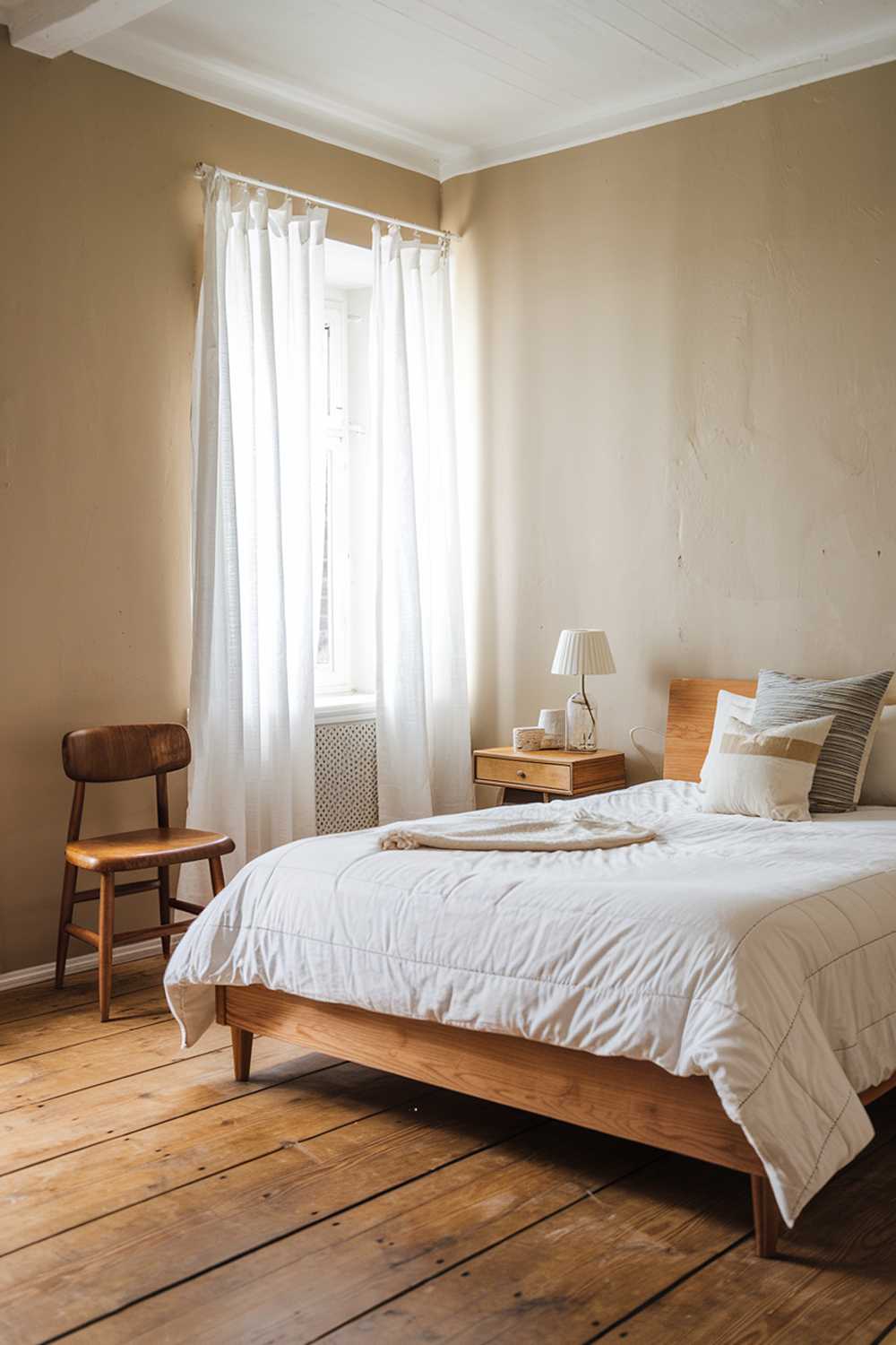 A Scandinavian rustic bedroom with a wooden bed frame, a white comforter, and a few pillows. There's a wooden nightstand next to the bed with a lamp. A wooden chair is placed near the nightstand. The walls are painted beige, and there's a white curtain covering a window. The floor is made of wooden planks.