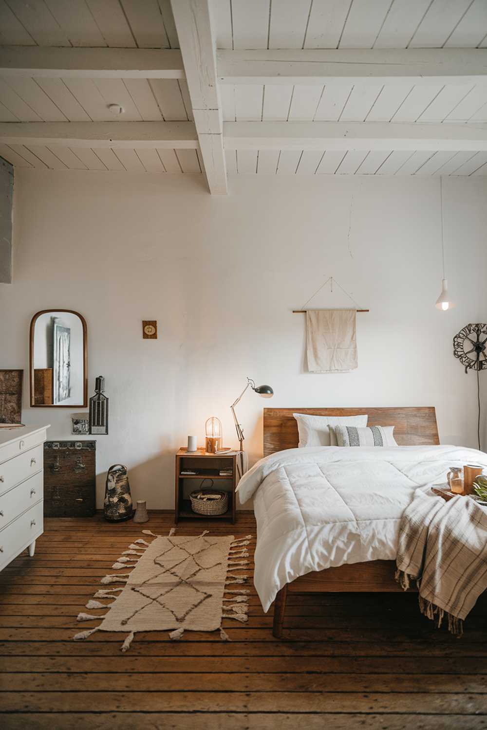 A Scandinavian bedroom with rustic touches. The room has a wooden floor and white walls. There's a wooden bed with a white duvet and a few pillows. Next to the bed, there's a wooden nightstand with a lamp. On the opposite wall, there's a white dresser with a mirror. There's also a rug on the floor and a few decorative items on the nightstand and the wall. The room has soft lighting.