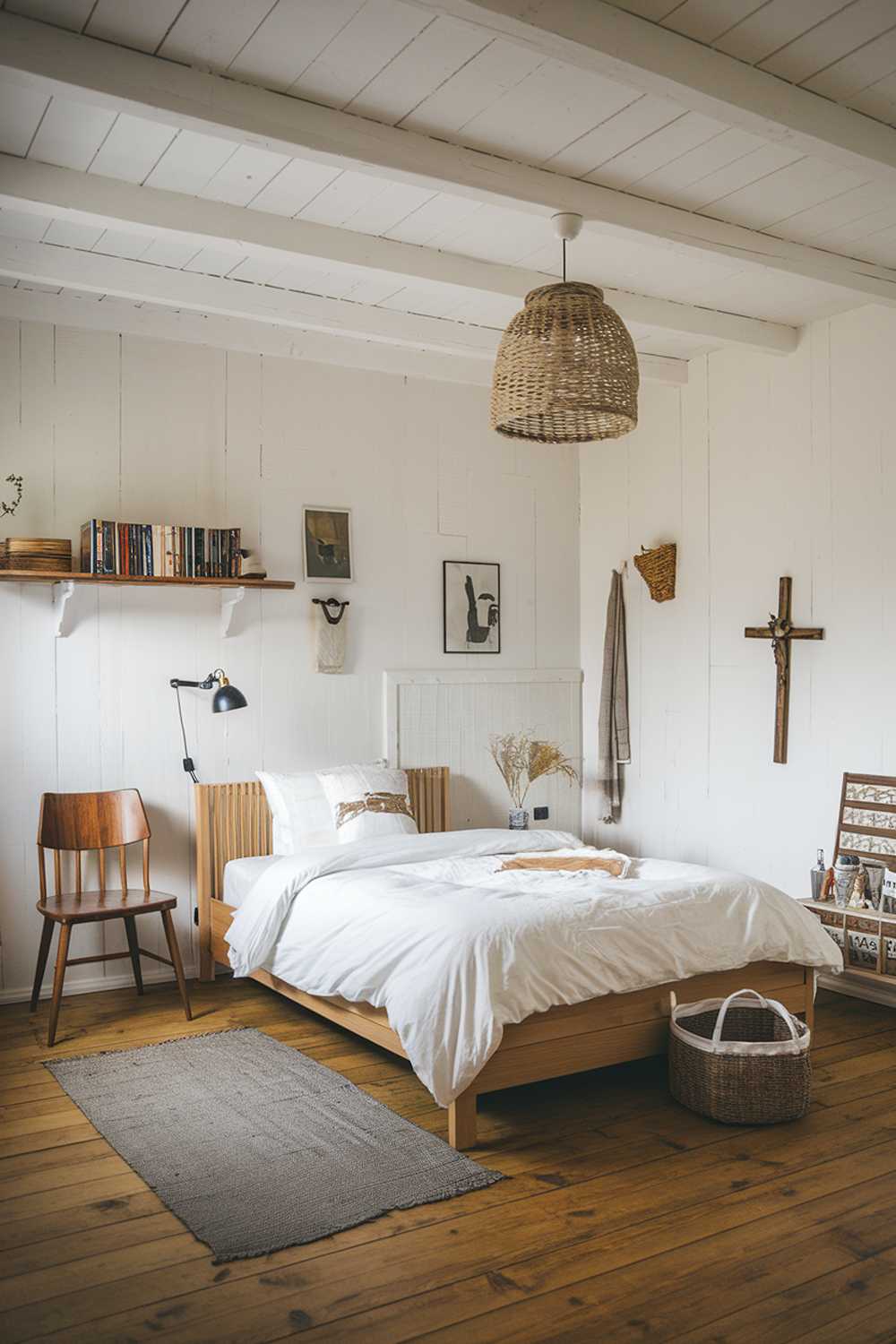 A Scandinavian bedroom with rustic touches. The room has a wooden floor and white walls. There is a wooden bed with a white duvet and pillows. The bed is placed on a rug. There is a wooden chair next to the bed. The room has a few decorative items, including a wall lamp, a basket, and a wooden cross. The walls have a shelf with books and a decorative item.