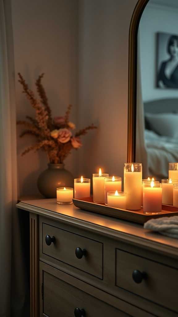 A cozy bedroom scene featuring various lit scented candles on a dresser.