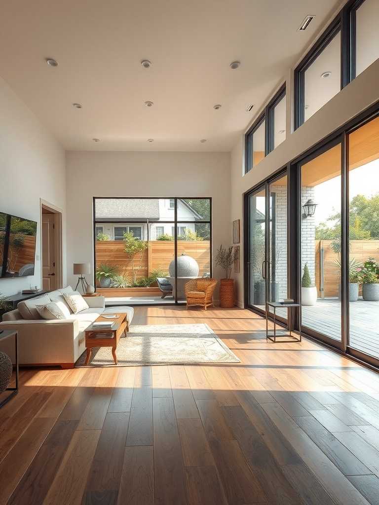 A modern luxury living room with large glass doors leading to an outdoor space