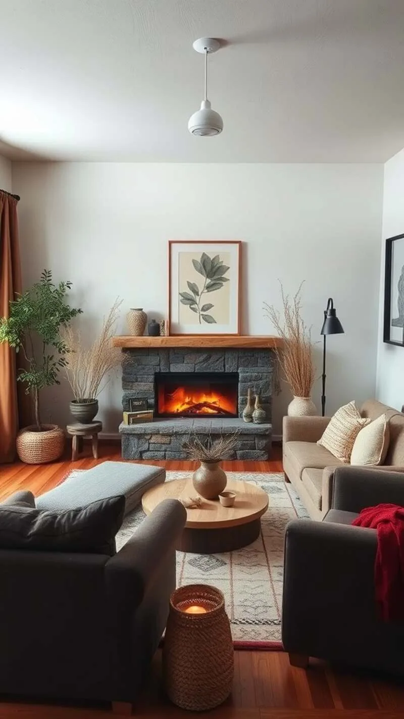 19 Wabi-Sabi Living Room Ideas for a Cozy & Timeless Space 18 A cozy living room with a fireplace, plants, and neutral-toned furniture.