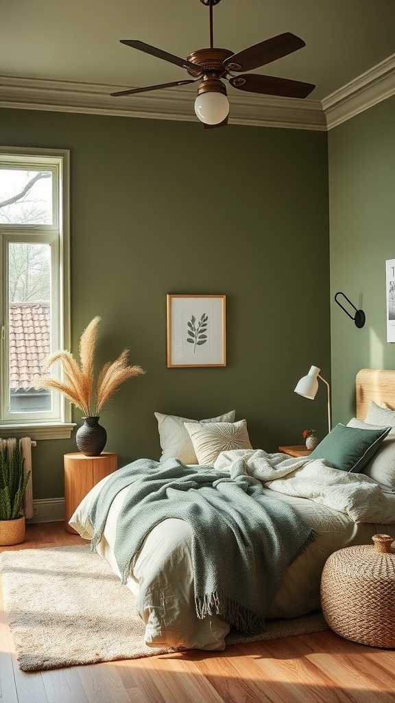 A cozy olive green bedroom featuring soft bedding and natural decor elements.