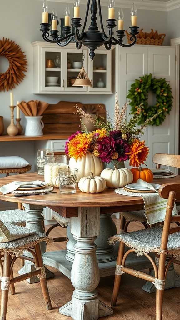 A cozy farmhouse kitchen table decorated with pumpkins and flowers, showcasing a rustic style.