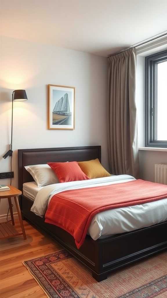 A small bedroom featuring a minimalistic bed frame with side tables.