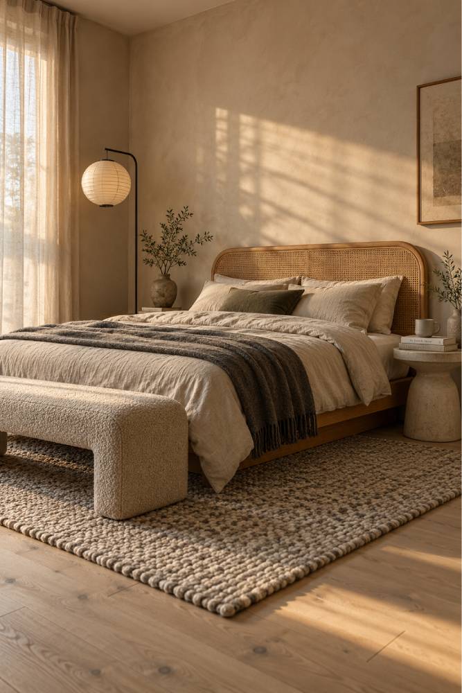 How to Have a Minimalist Bedroom Without Losing Comfort 9 Low-profile oak bed with woven rattan headboard, oatmeal linen bedding, boucle bench, and soft daylight on a warm plaster wall in a minimalist Japandi bedroom.
