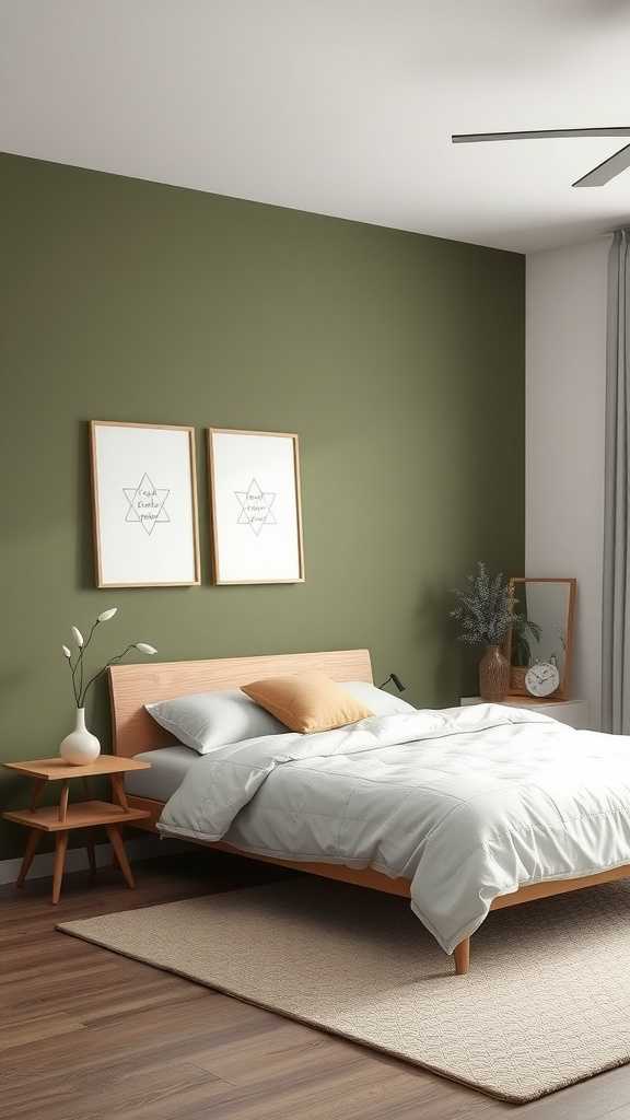 A cozy bedroom featuring an olive green accent wall, a wooden bed with light bedding, and modern decor.