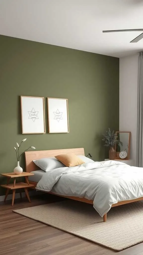 21 Stunning Olive Green Bedroom Ideas for a Cozy Retreat 3 A cozy bedroom featuring an olive green accent wall, a wooden bed with light bedding, and modern decor.