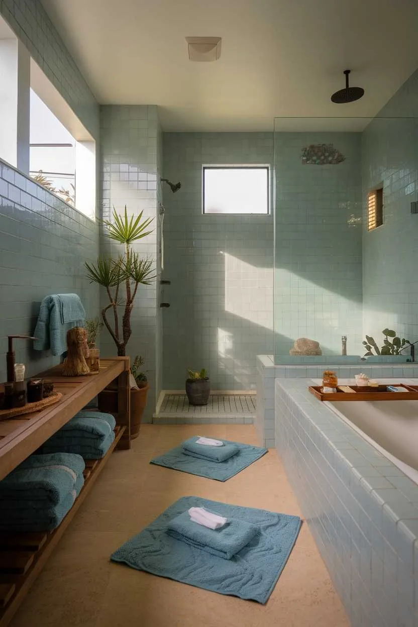 14 Light Blue Bathroom Ideas to Inspire Your Space 7 A serene bathroom featuring light blue tiles, wooden accents, and plants.