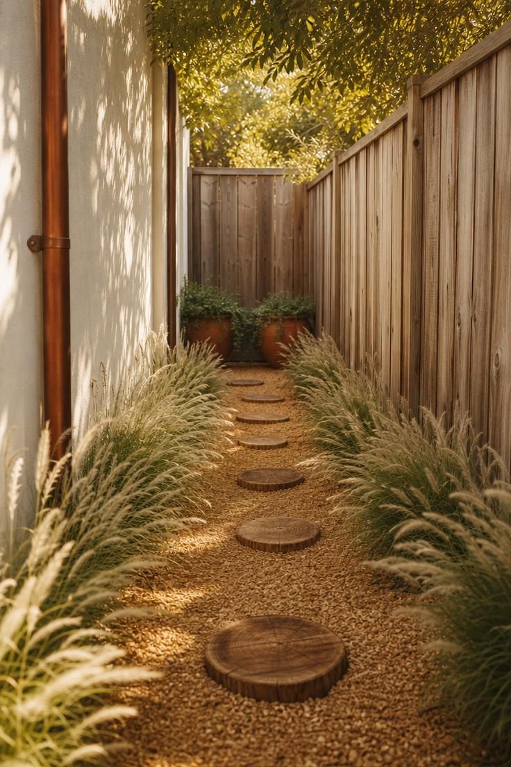 A decomposed granite side yard path with teak stepping rounds and Mexican feather grass borders in warm afternoon light.