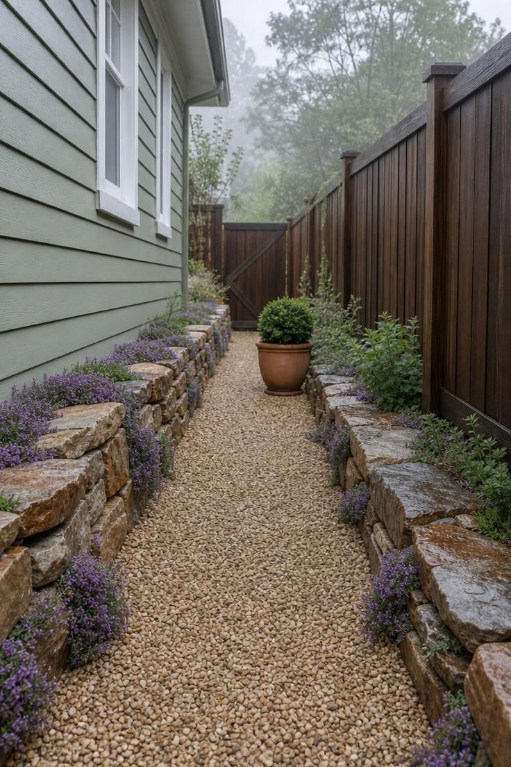 A pea gravel side yard pathway with dry-stacked fieldstone edging and creeping thyme on a cool overcast morning.