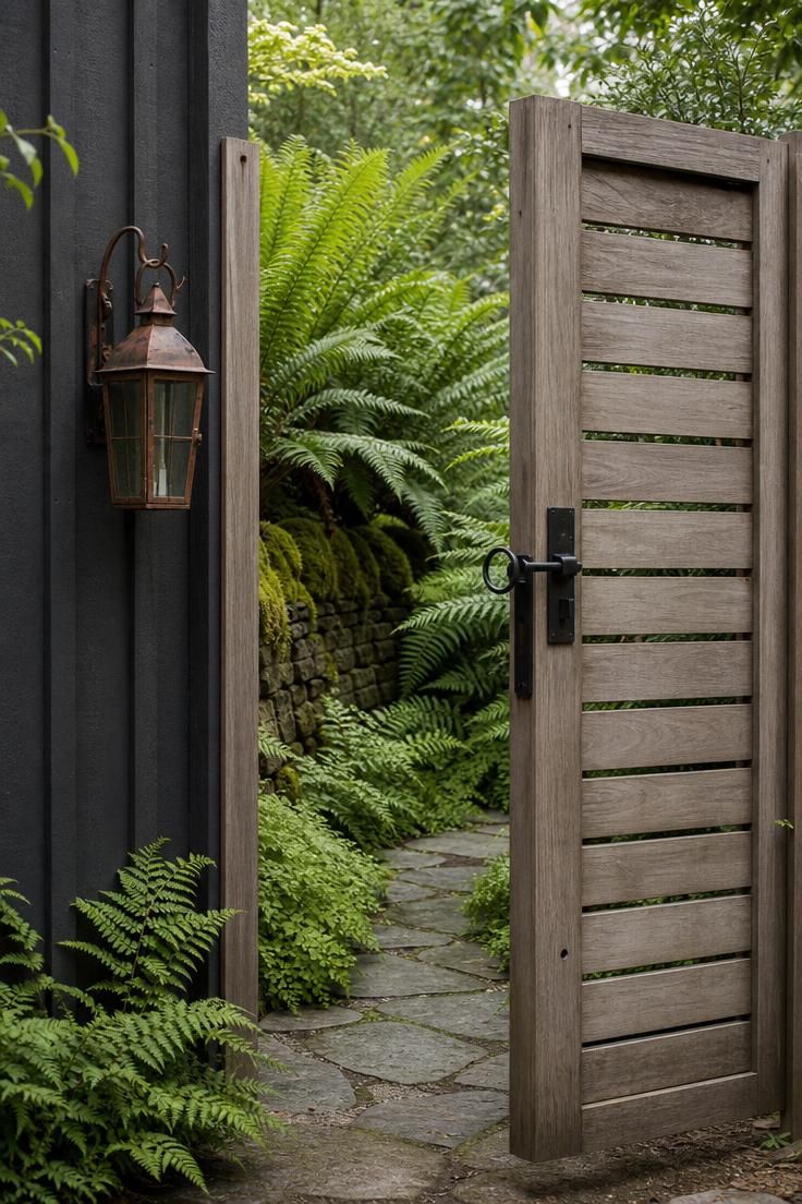 A slatted cedar gate partially open to reveal a hidden fern garden with sword ferns, maidenhair ferns, and moss-covered stones in soft diffused light.