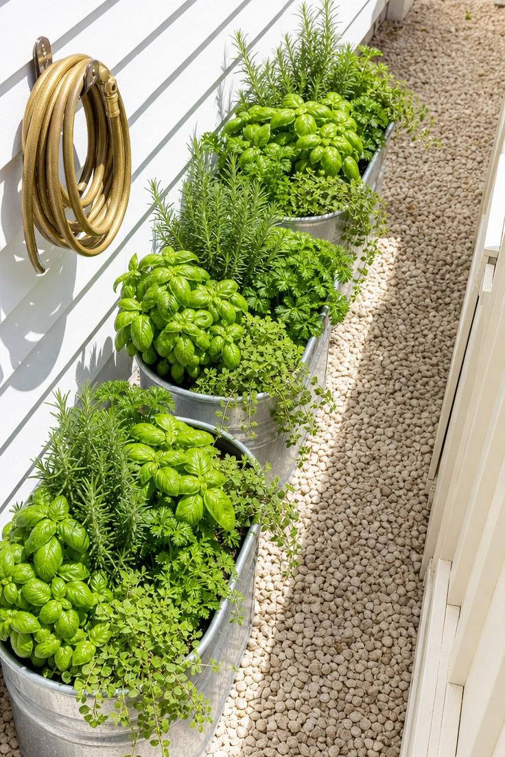 Three galvanized steel trough planters filled with basil, oregano, rosemary, and parsley against a white clapboard wall in bright midday sun.
