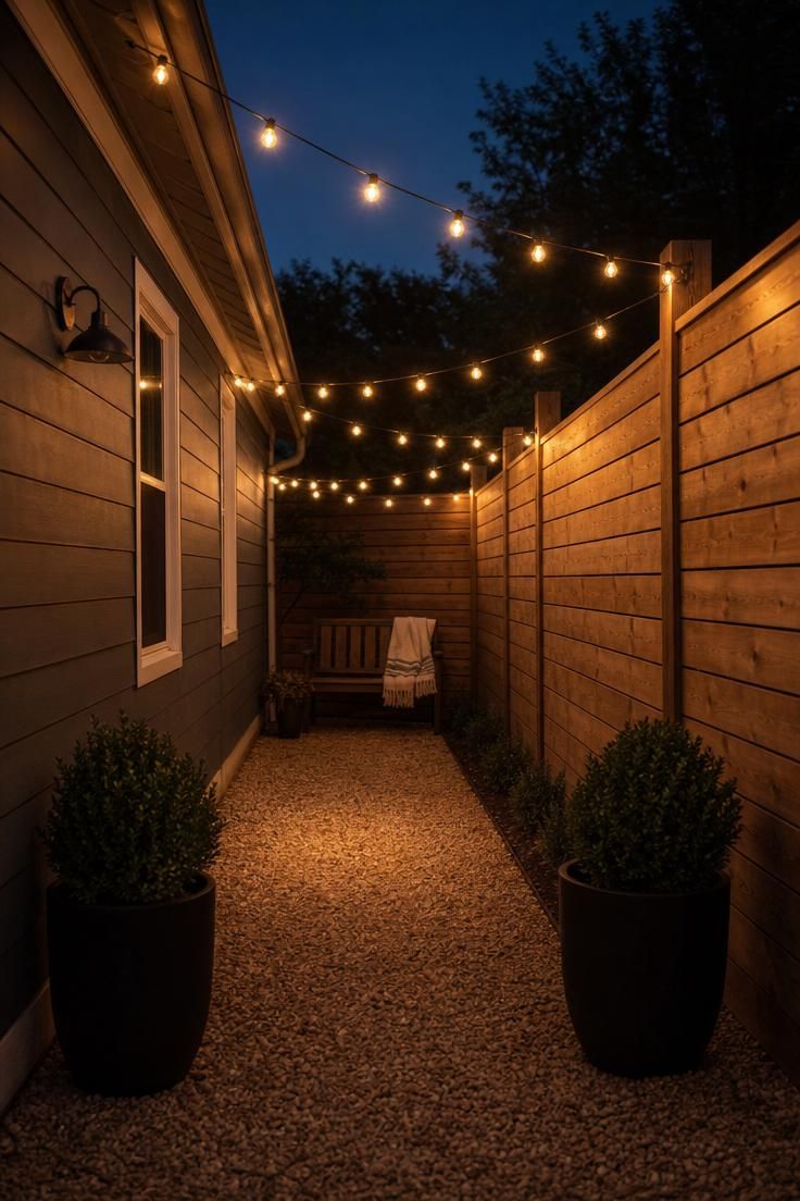Warm white string lights strung across a narrow side yard at dusk with a gravel path, potted boxwoods, and a small wooden bench.
