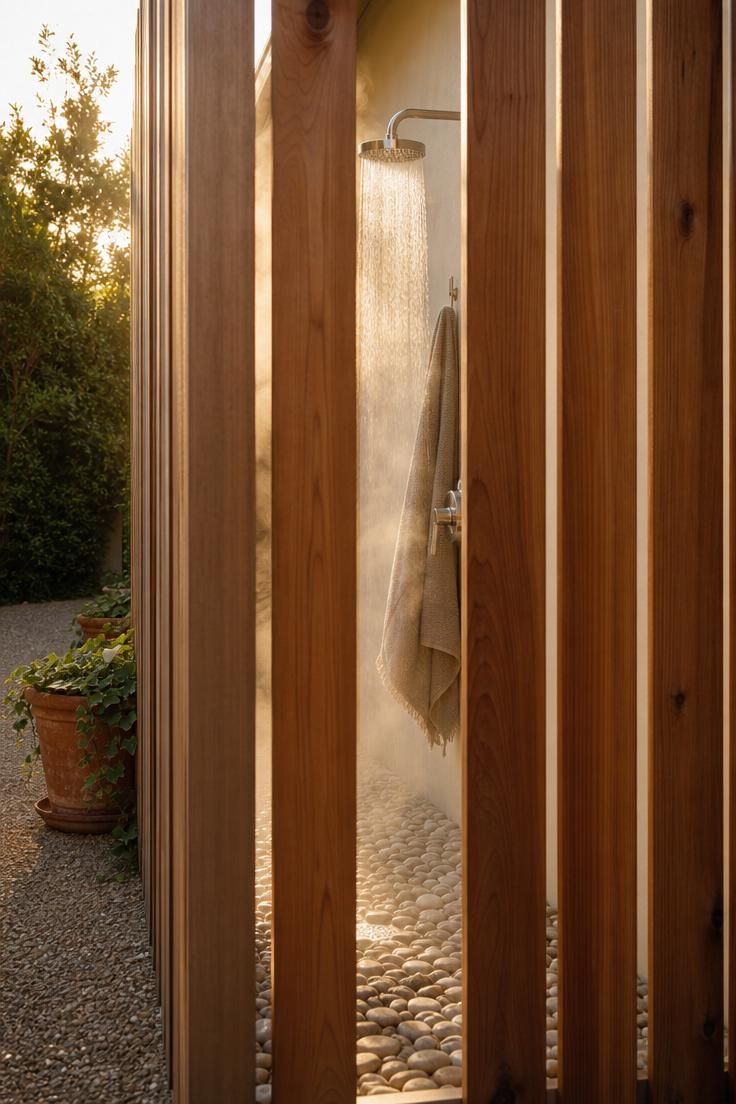 An outdoor shower with stainless steel fixtures behind a vertical cedar plank screen in warm golden afternoon light with rising steam.
