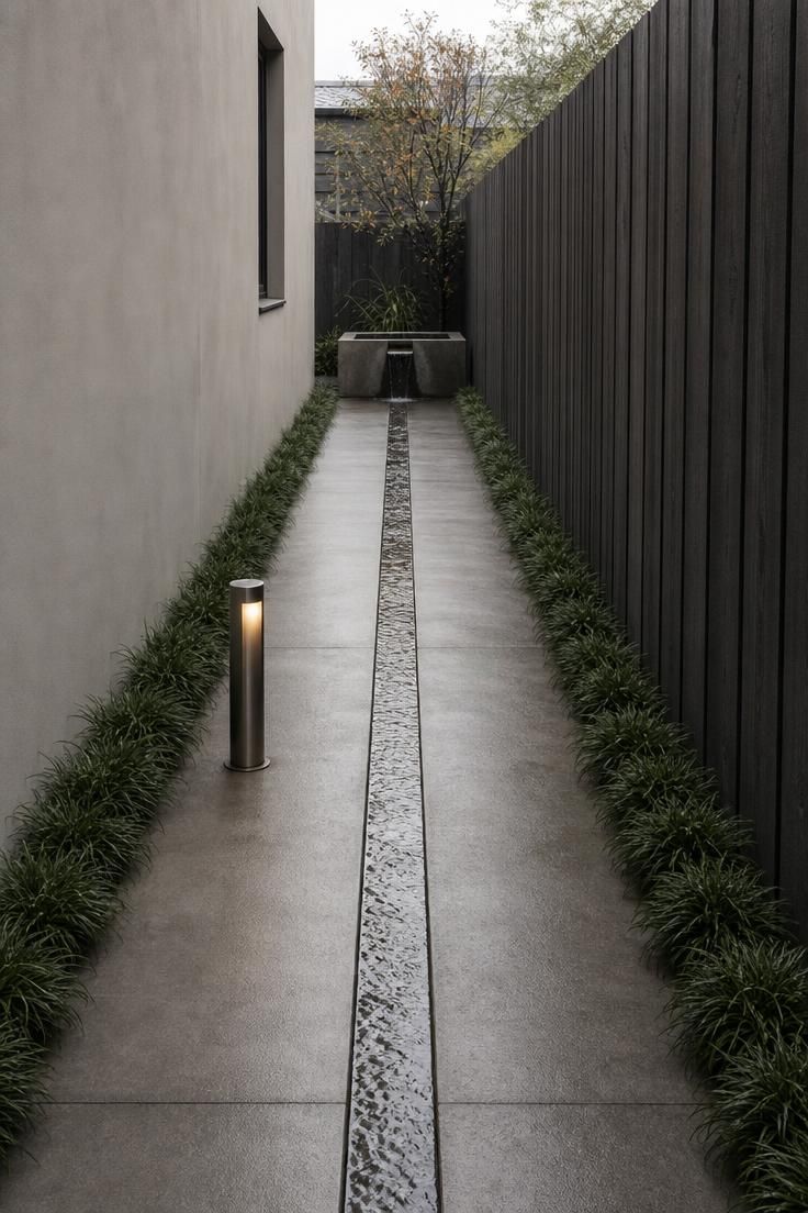 A narrow water rill running the length of a concrete side yard with sedge grass borders and charcoal timber fencing under cool overcast light.