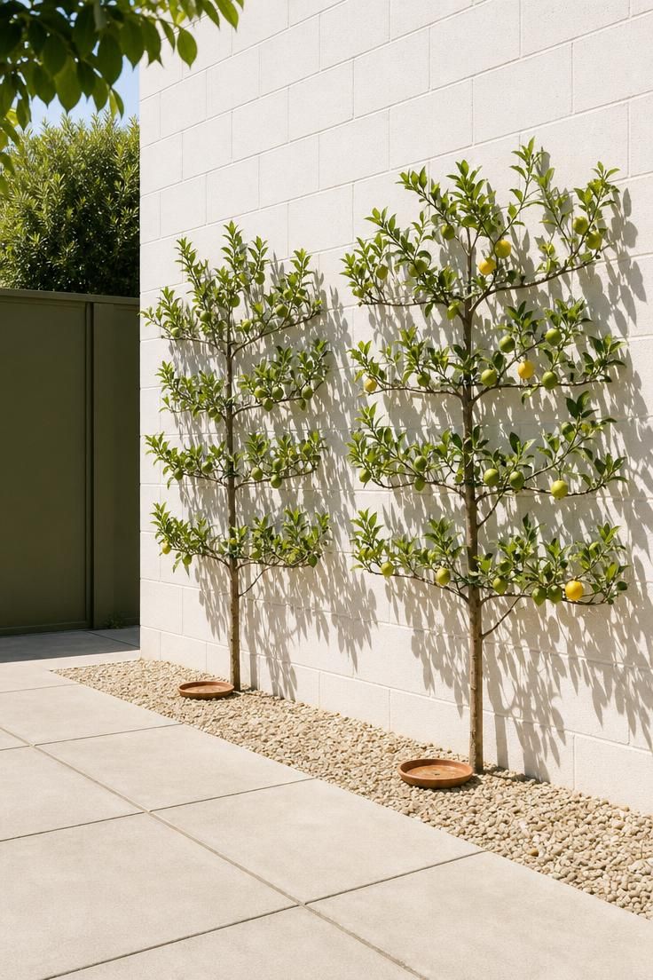 Two espaliered citrus trees trained flat against a white painted block wall with gravel mulch and terracotta saucers in bright midday light.