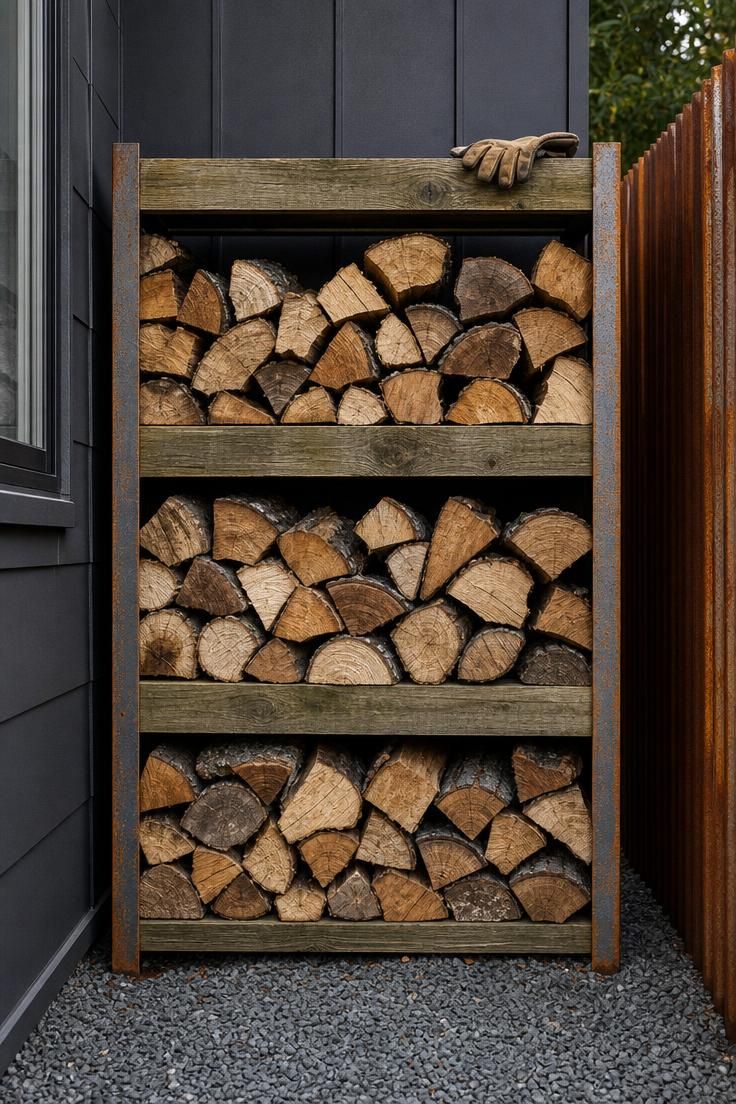 A built-in firewood rack of raw steel and pressure-treated timber filled with split hardwood in a side yard nook under soft diffused light.