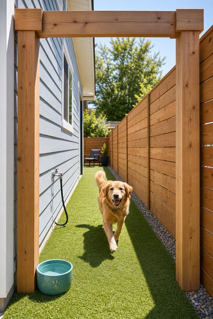 An artificial turf dog run in a side yard with a cedar entry arch, stainless steel hose bib, and ceramic water bowl in bright midday light.